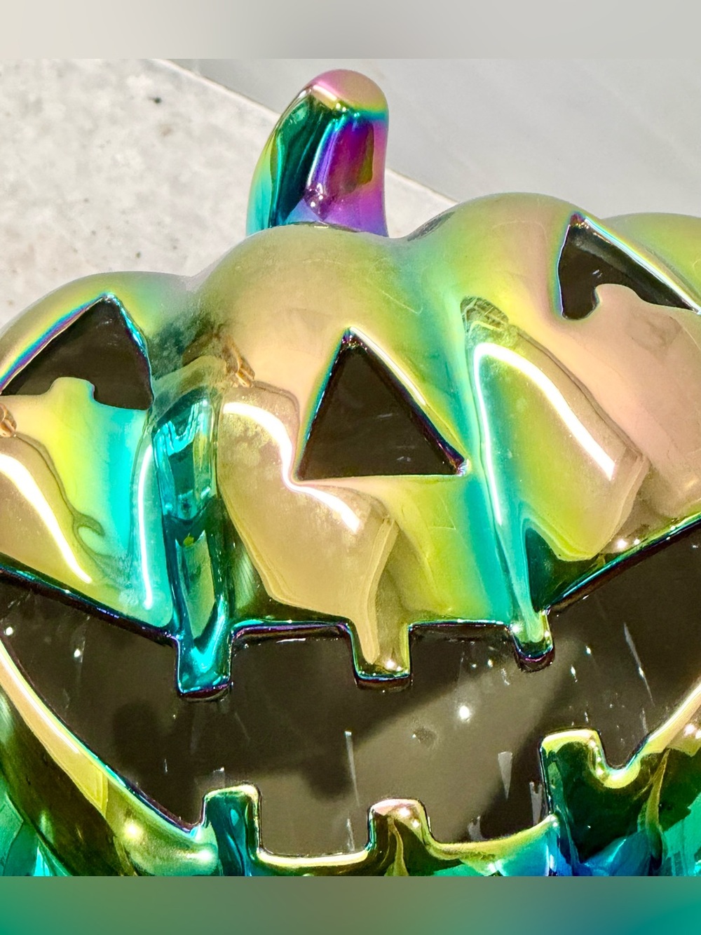 New Halloween Jack-o'-Lantern Light Up Iridescent Ceramic Pumpkin Decor - 7” - Picture 4 of 8